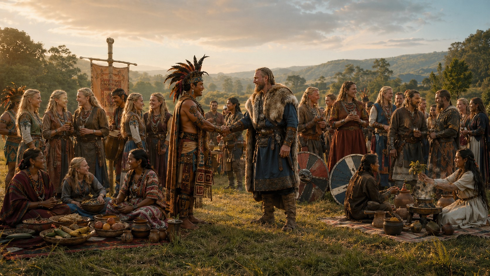 A ceremonial gathering of Norse and Maya peoples
