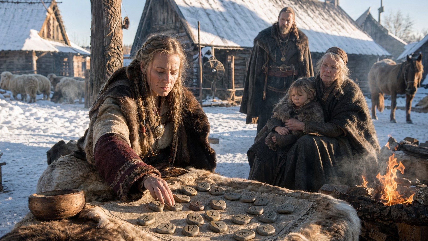 A Norse seer casting rune-stones at a winter gathering